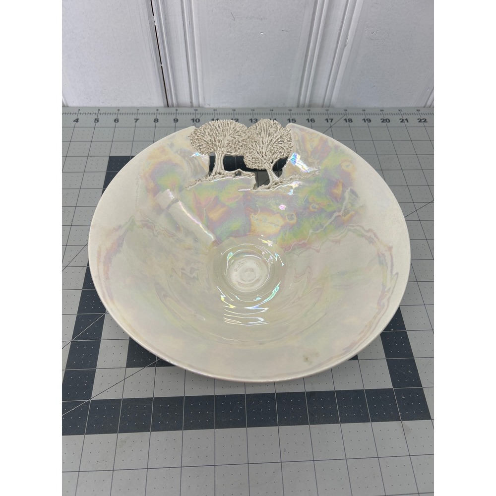 Studio‎ Pottery Pedestal Bowl Iridescent White Carved Tree Signed Art Nouveau